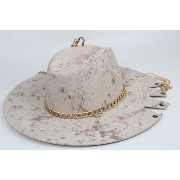 Monna Vintage Ivory Wool Gold Plated Charms Chain Rings Embellished Cowboy Hat S main image 10